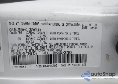 2021 Toyota Tacoma Sr from USA, damaged, VIN 3TYRX5GN5MT006336